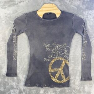 Sledge USA Womens Medium Gray Long Sleeve Thermal Peace Love Glitter Top